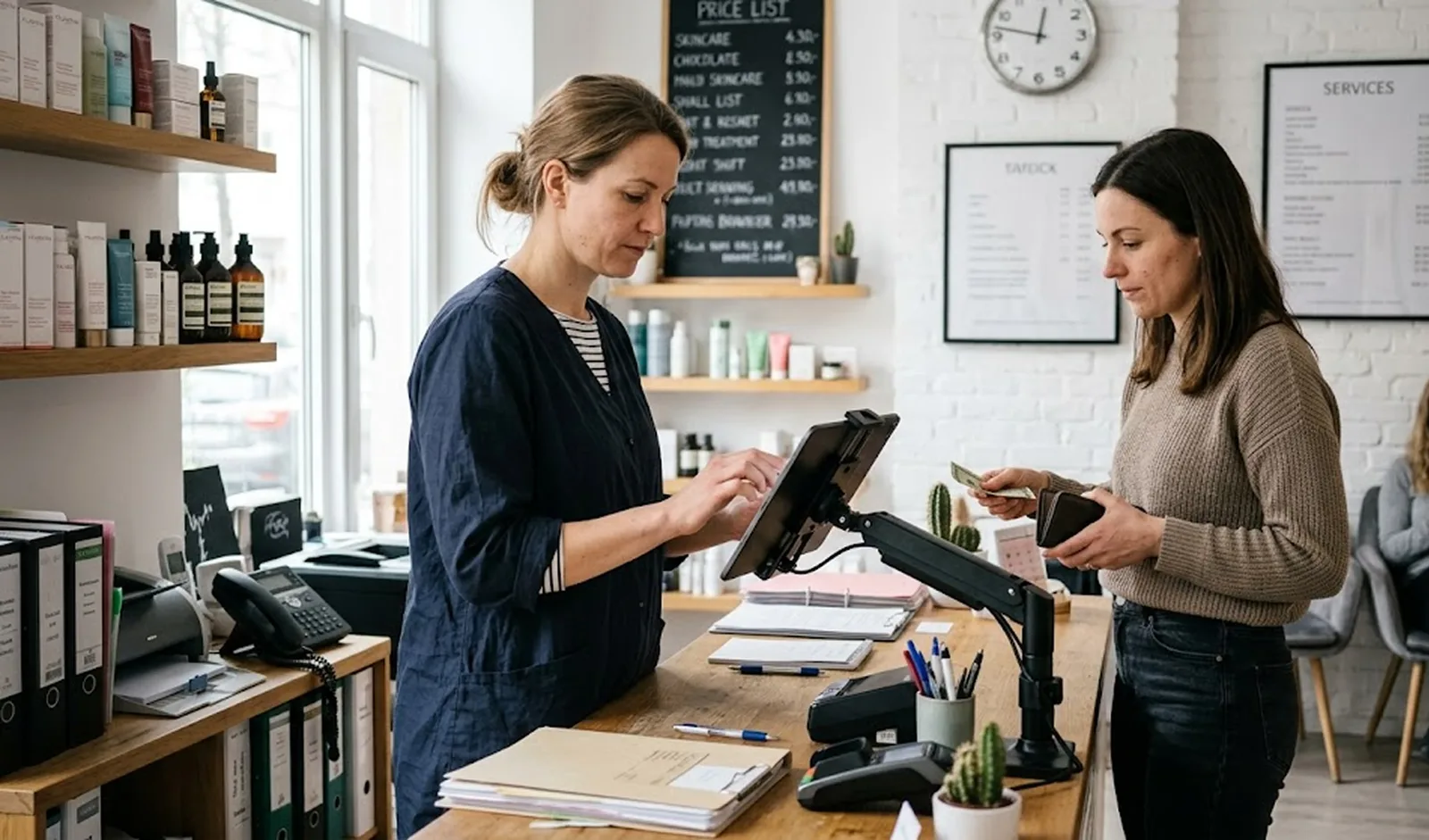 Customer pays for skincare products in the beauty studio