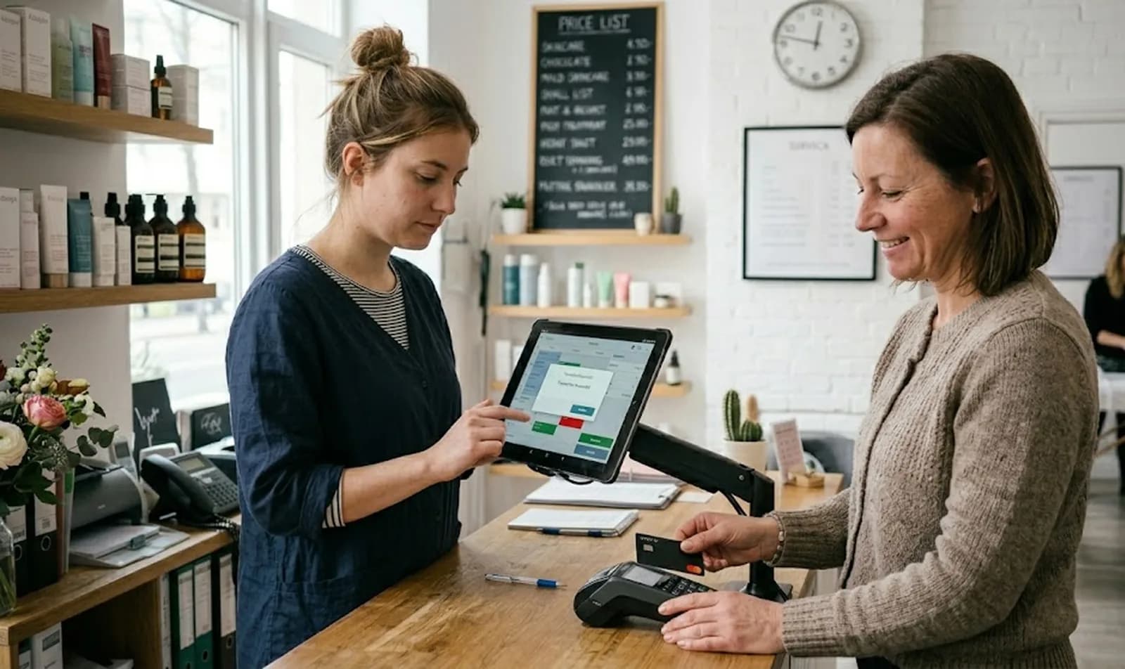 Esthetician with customer at the POS – retrieving treatment history