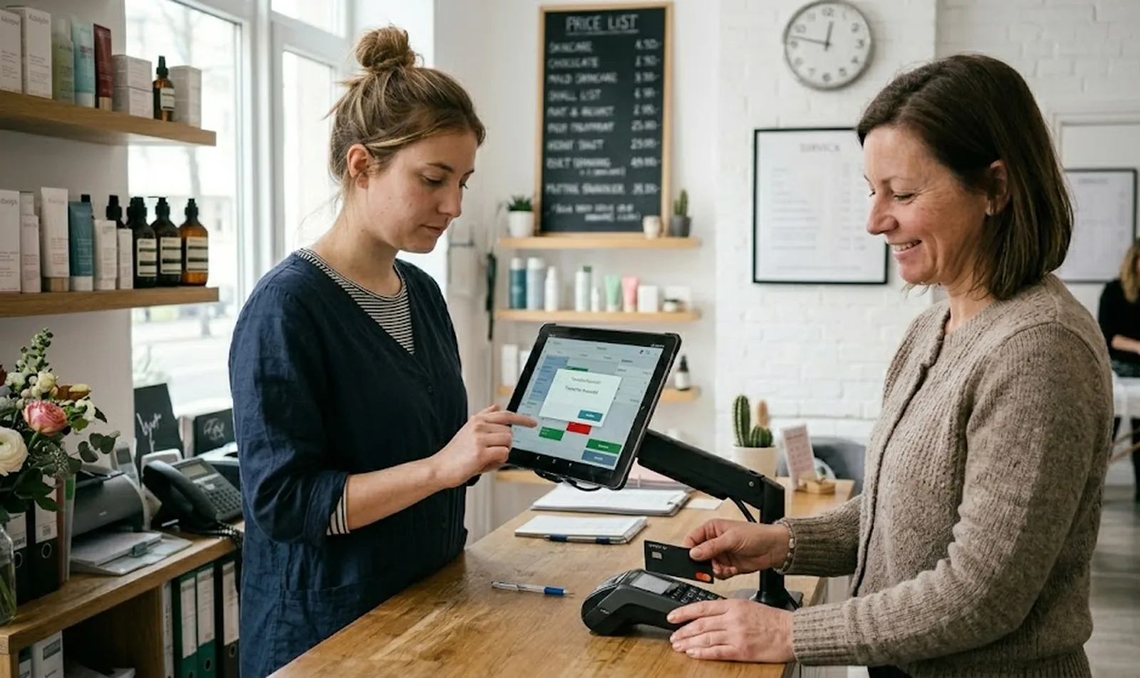 Kosmetikerin mit Kundin an der Kasse – Behandlungshistorie abrufen
